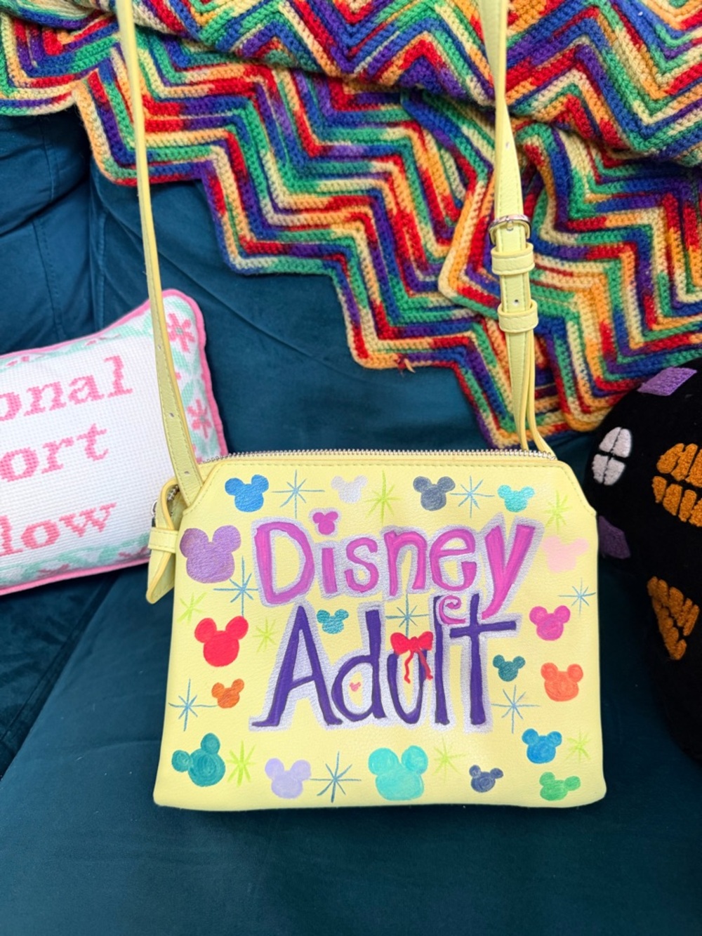 Hand painted Disney Adult Yellow Crossbody Bag - repurposed A brand new day bag